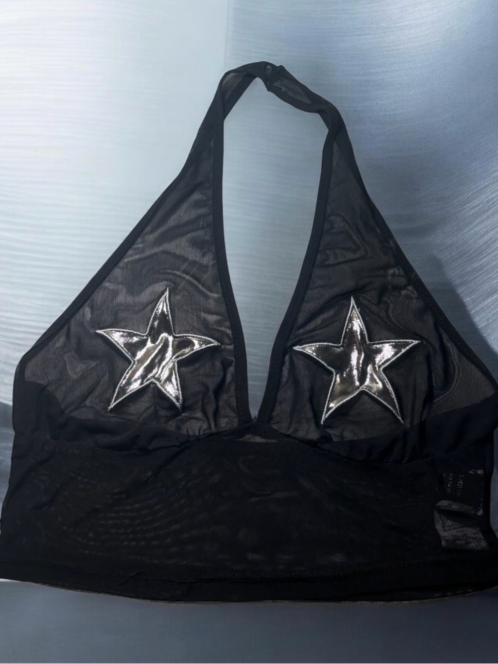 SHEIN Black Mesh Halter Bralette with Silver Star Patches